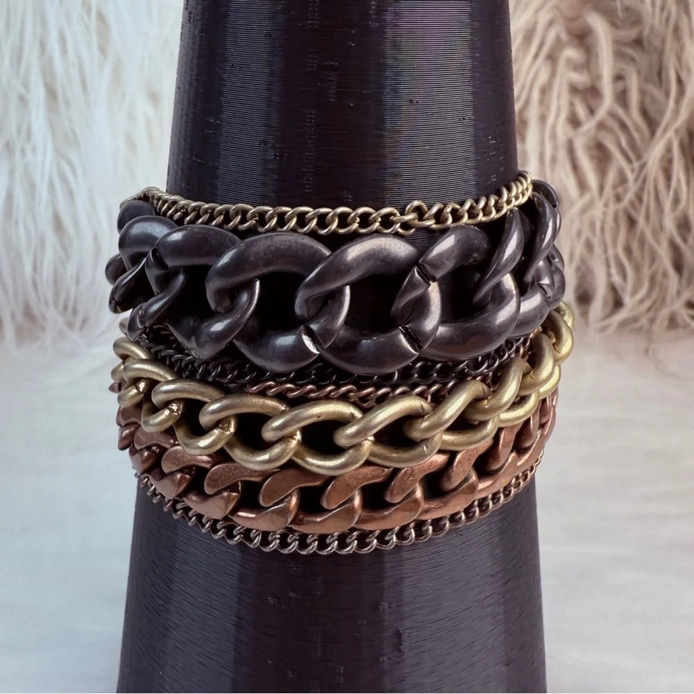 Beautiful, brushed brass tone, multi chain, wide toggle bracelet, costume